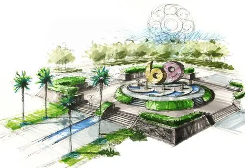 怀旧时代的广场手绘作品