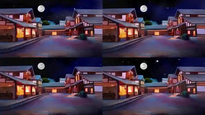 古代大街庭院晚上夜色