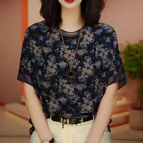 碎花短袖雪纺衫女士装夏季中年妈妈洋气时尚小衫休闲百搭宽松上