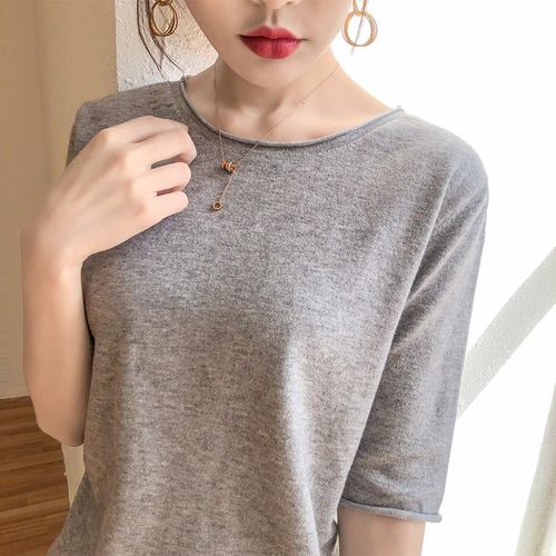 雪米贝奴 春夏新款女圆领卷边半袖针织衫宽松大码纯色薄款打底衫