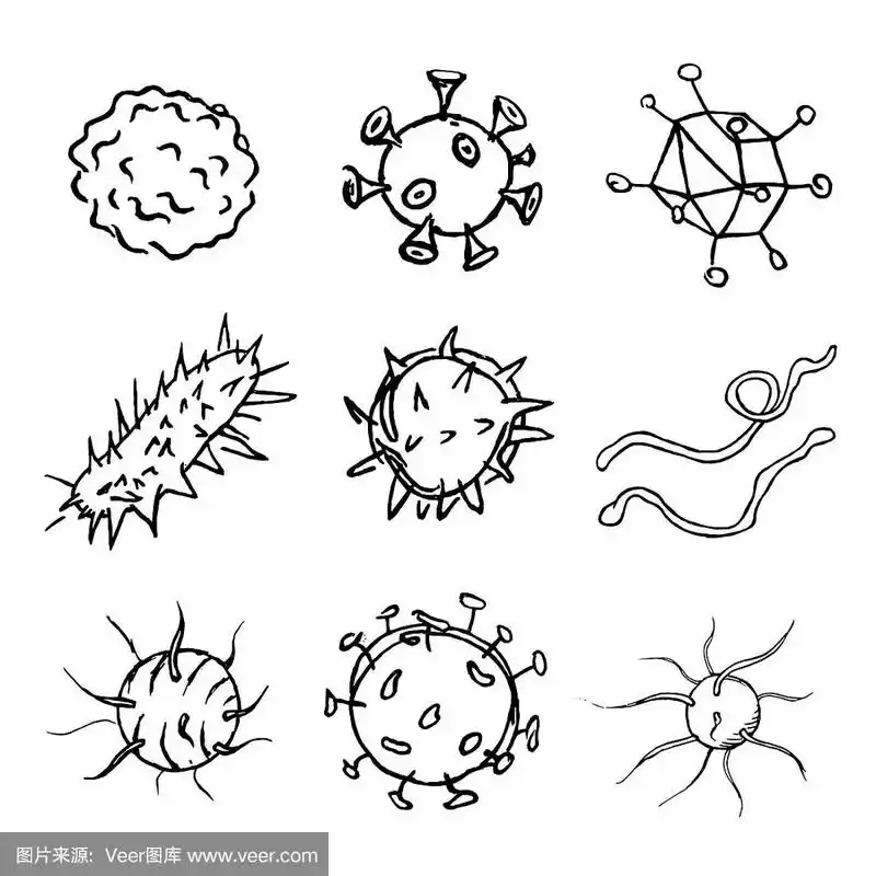 收集的9个手绘病毒在黑色和白色.