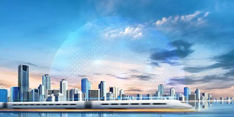 蓝色城市倒影高铁动感科技现代科技城市发展展板背景