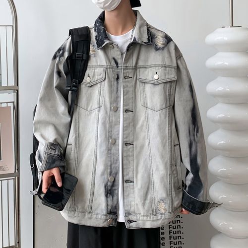 米轩大学生高中生秋天衣服男欧美风扎染破洞水洗牛仔外套男士痞帅做旧