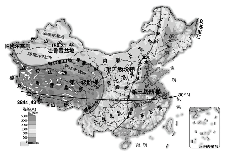 下图为"某区域地形剖面示意图",图中 a. ①是我国最大的内陆盆地 b.