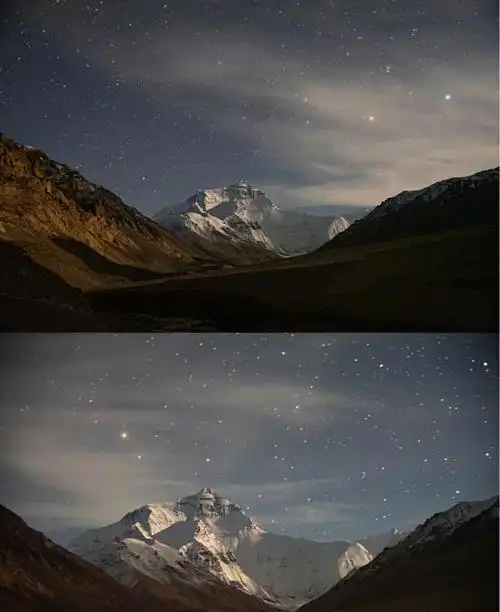 夜晚的珠穆朗玛峰山脚,在冷风中,满天繁星!