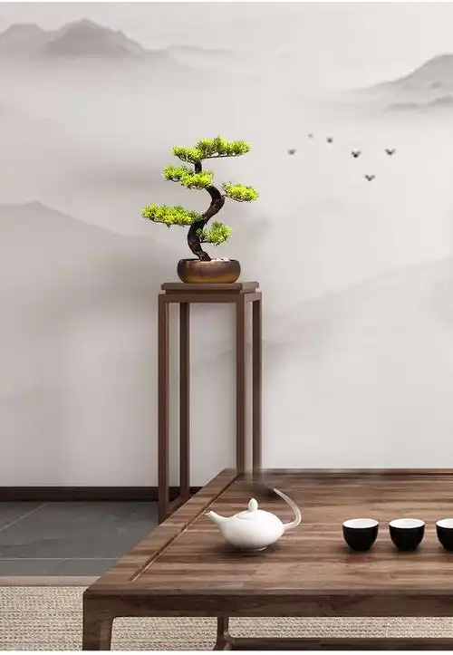 新款迎客松摆件新中式禅意摆件仿真迎客松盆景陶瓷小盆栽枯松树客厅