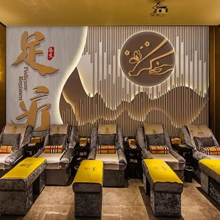 美容院养生会所墙纸新中式足疗店吧台背景墙.