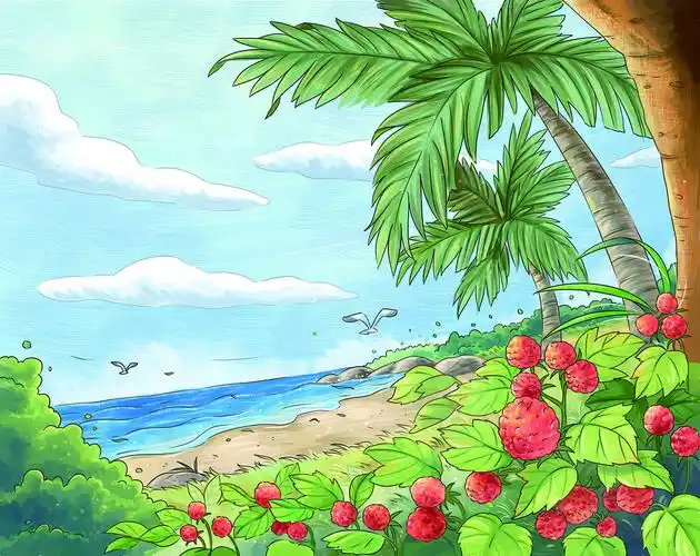 版绘水彩海岛风景小动物