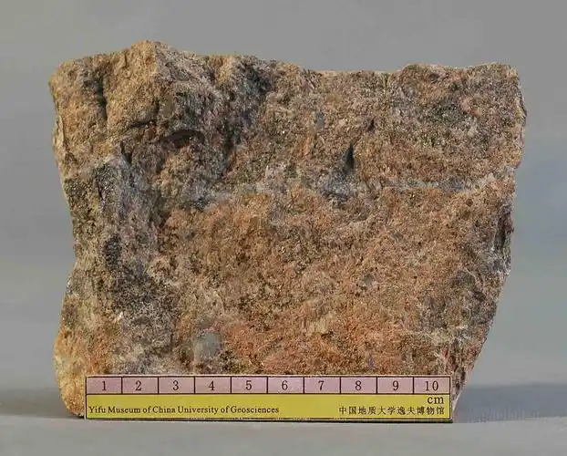 p1花岗斑岩,岩石呈肉红色,斑状结构,块状构造,斑晶主要有石英,黄铁矿