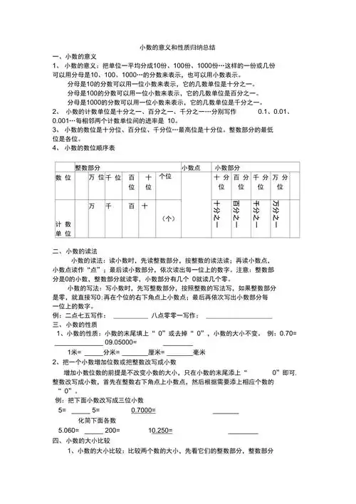 小数的意义和性质知识点归纳总结doc