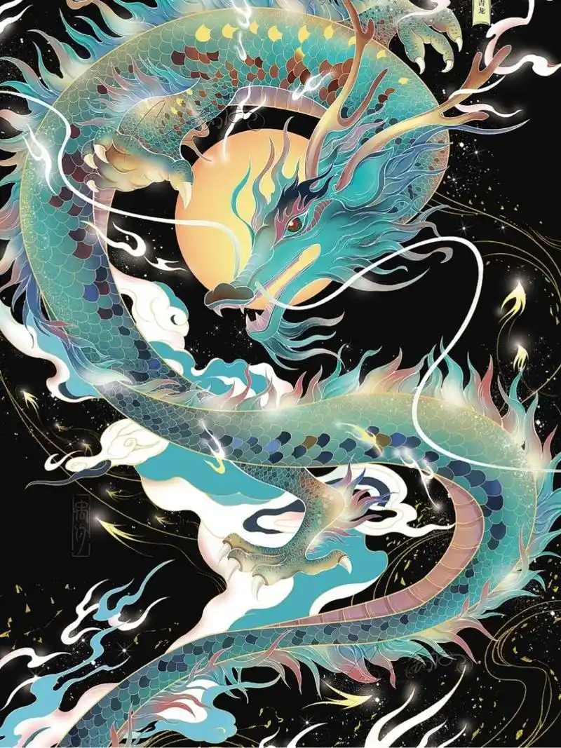 国风插画|十大瑞兽之青龙 去年画的神兽系列图 现在回头看真的好多