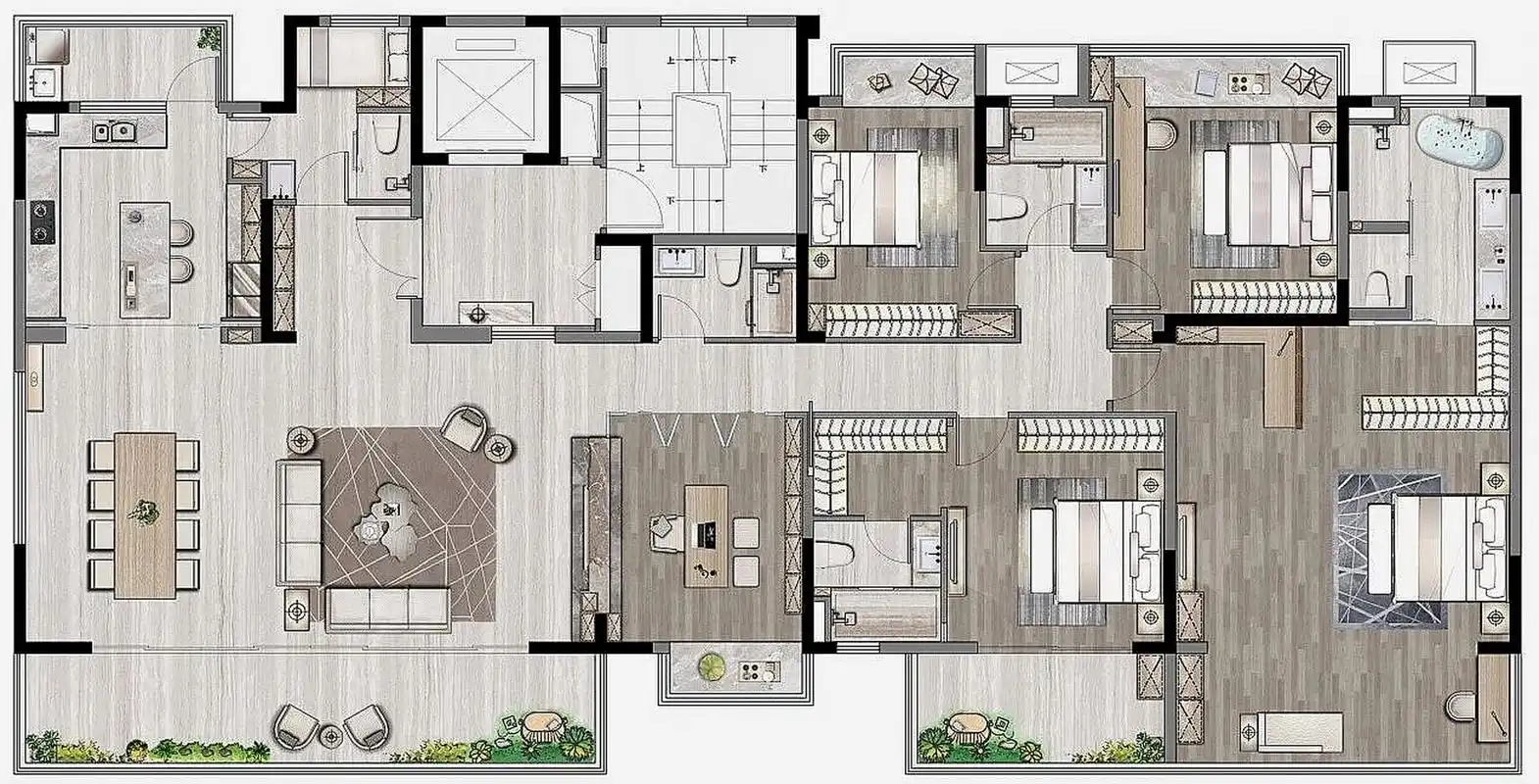 98这是一套面积300平方米,5房2厅格局的大平层,坐北朝南,独梯独户