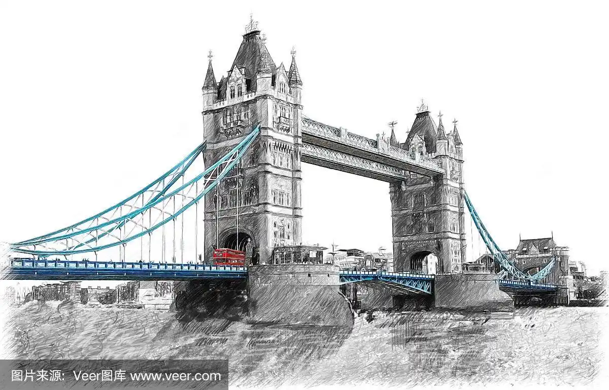 英国伦敦泰晤士河上的塔桥.插图,素描风格.