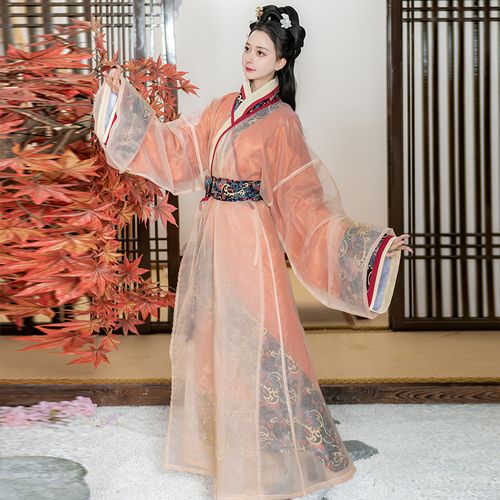 如梦霓裳原创汉服女款暗纹印花曲裾直裾外搭纱袍冬季新款素莲