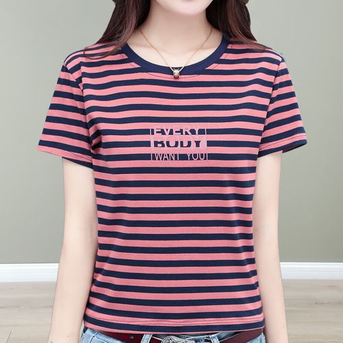 纽力巧衣服女装夏天正肩t恤女显瘦短袖条纹女2023年夏季新款宽松体恤