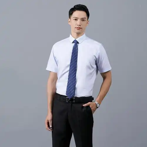 衬衫男士衬衫男女款纯棉短袖政府银行工作服蓝色条纹免烫衬衣厂家