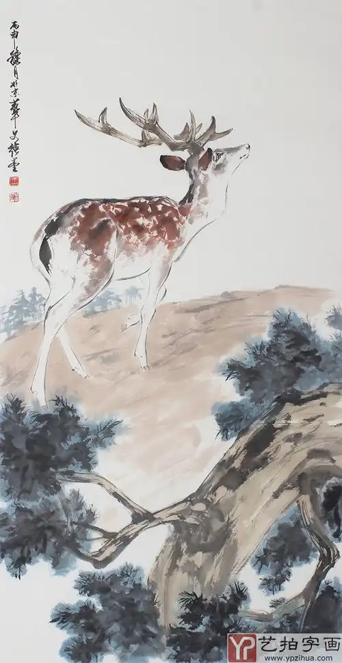 【已售】国画鹿 王文强四尺竖幅动物鹿系列《福禄图》