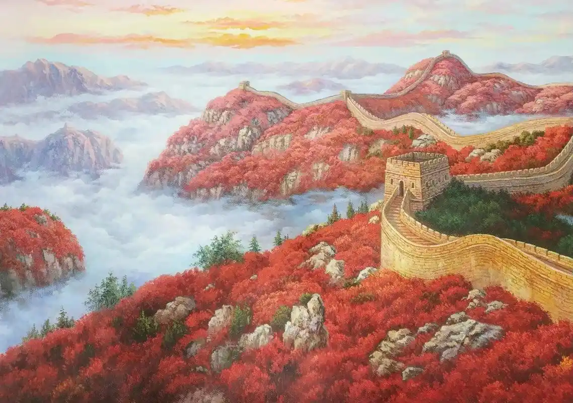 手绘长城油画 - 抖音