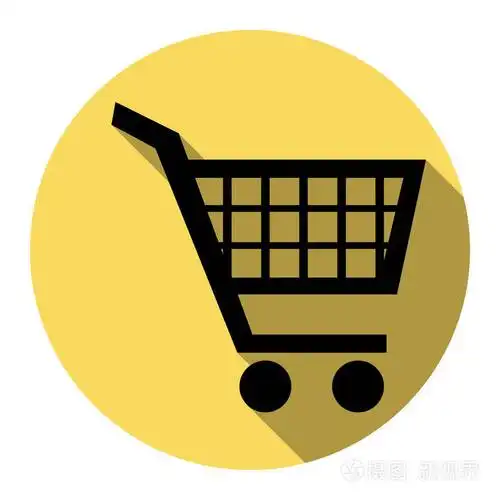购物车标志.矢量.平面的黑色图标,带上白色背景皇家黄色圆扁阴影.分离