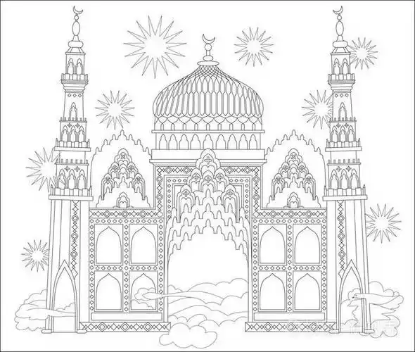 着色的黑与白页梦幻般的阿拉伯城堡从一个童话故事用于儿童和成人的