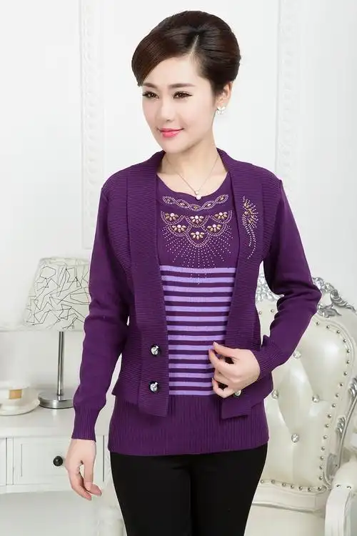 套头妈妈装毛衣宽松秋装假两件外套中老年女装秋季新品针织衫长袖