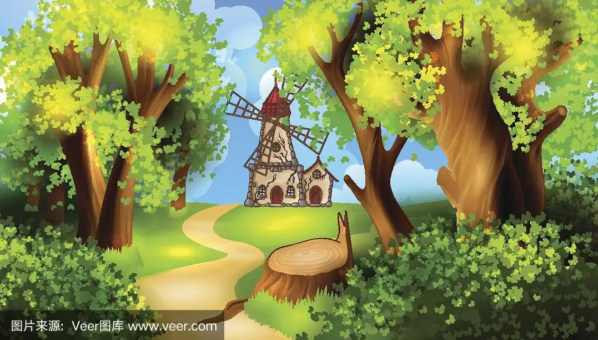 以风车为背景的森林道路