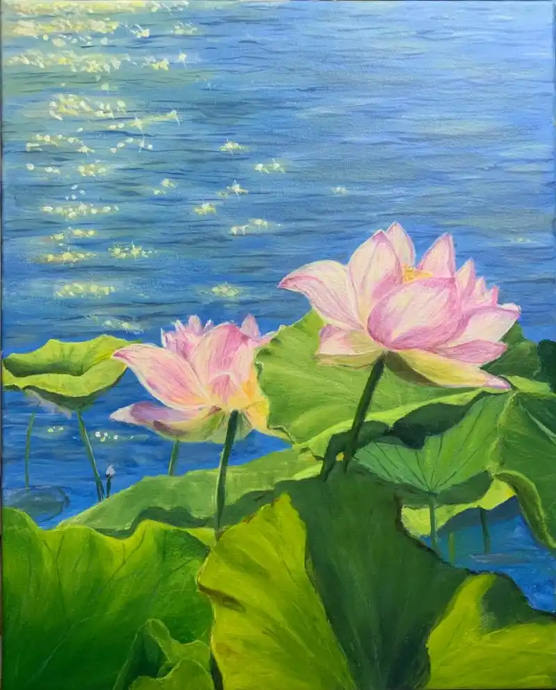 荷花03 丙烯画-附过程图 总算是画完了91 	 用色: 水面:钛青蓝