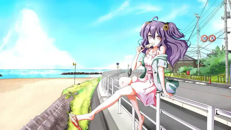 人物长发坐着动漫动漫女孩自然天空云水美食冰淇淋植物向日葵longhair