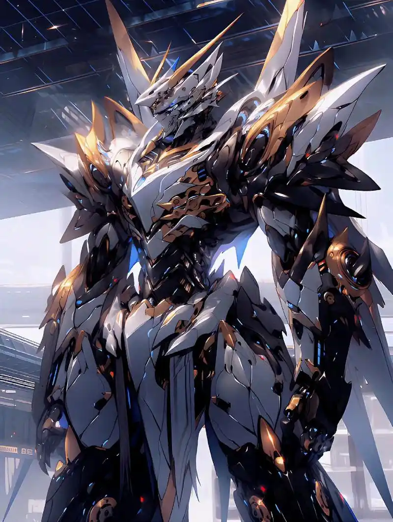 一组ai生成的机甲插画作品,金色与白色相间的外甲,华丽而帅气.