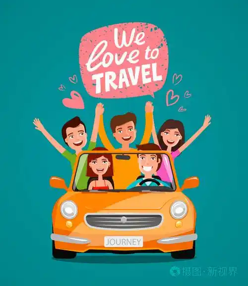 愉快的年轻人或愉快的朋友乘汽车旅行.旅行, 旅游, 度假概念.