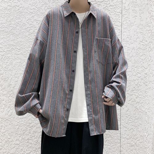 条纹衬衫男潮牌宽松秋冬季长袖衬衣外套工装港风日系外搭休闲寸衣
