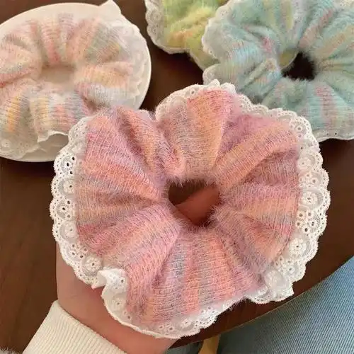 新款韩国秋冬毛线大肠发圈蕾丝花边马尾头绳彩虹发圈跨境发圈爆款