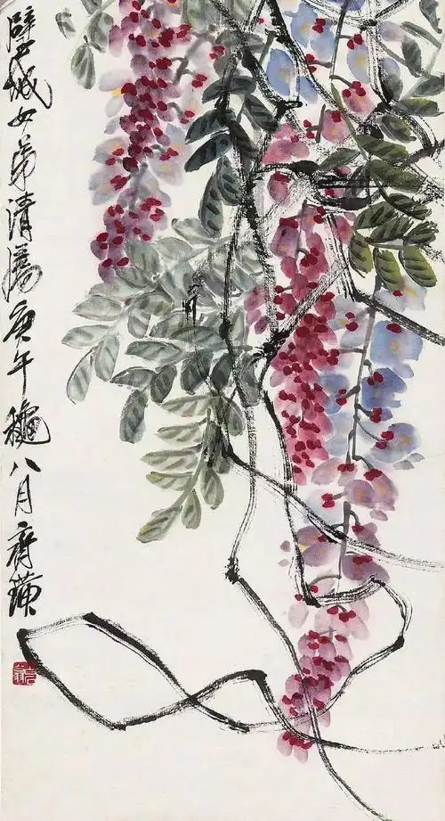 齐白石画的紫藤花画里有风