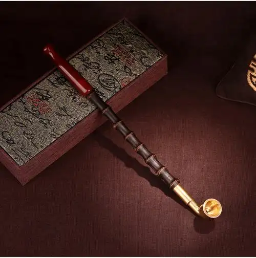 良米兮 旱烟杆 手工紫竹烟杆加长红玛瑙嘴旱烟袋老式纯铜大锅子男士