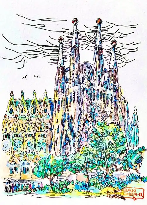 城市速写西班牙高迪建筑二