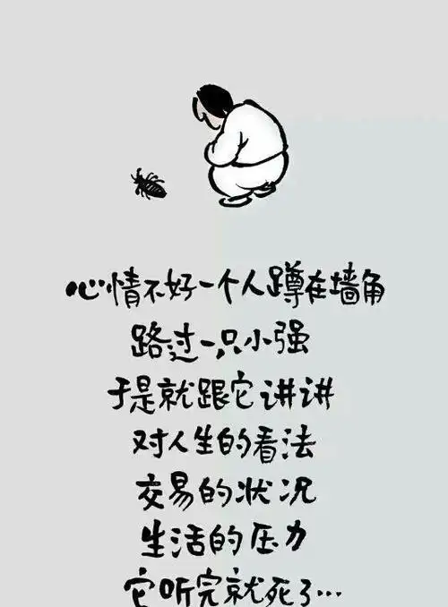 心情不好,一个人蹲在墙角,路过一只小强,于是就跟它讲讲