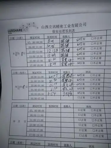 巡逻签到表按时填写