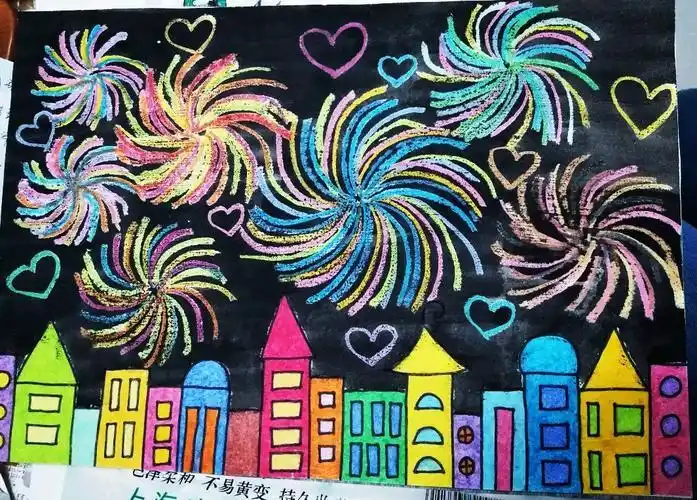 放烟花美丽的烟花放烟花的孩子春节烟花儿童画和爸爸妈妈一起放烟花放