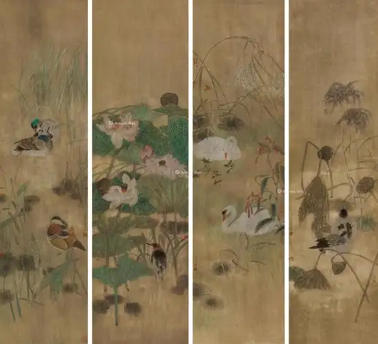 2338四季花鸟四屏镜心设色纸本