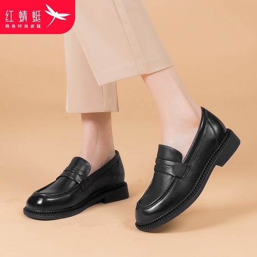 红蜻蜓女鞋真皮中跟妈妈鞋乐福鞋女黑色小皮鞋女英伦风单鞋奶奶鞋