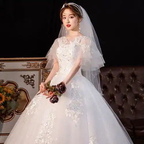 冬季孕妇高腰遮孕肚大码简约礼服裙女白色中腰标准款齐地婚纱头纱2xl