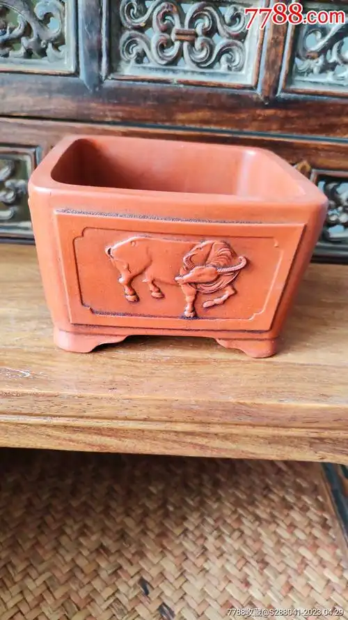 铁画轩款浮雕扭转乾坤紫砂花盆收藏品古玩古董佛像摆件老物件