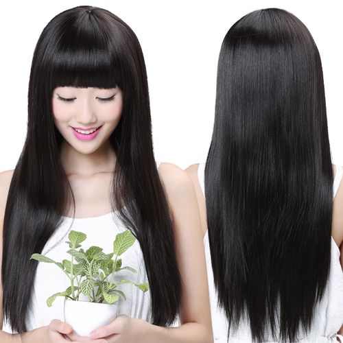 娇滴滴假发 齐刘海黑长直发自然修脸可爱仿真发丝整顶假发套长发