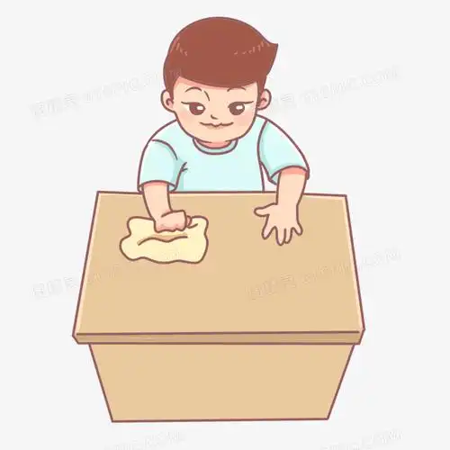 手绘男孩擦桌子打扫房间场景素材