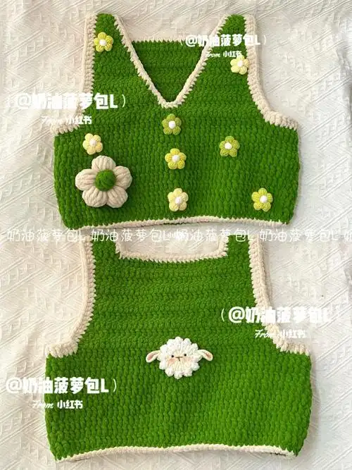绿色泡芙花小羊马甲背心冰条线钩织附图解