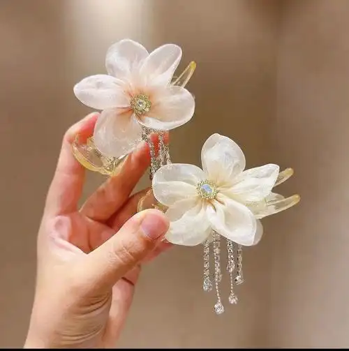 新款网纱水钻流苏发夹女后脑勺绢沙花朵发卡顶夹头饰五瓣花抓夹