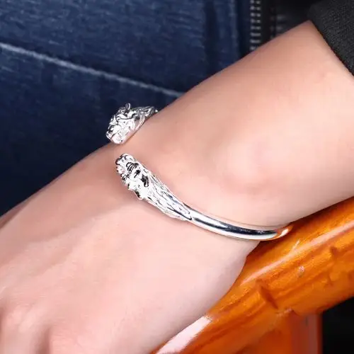 纯银手镯男士999足银手环开口龙头镯子型霸潮人个性银饰品配饰