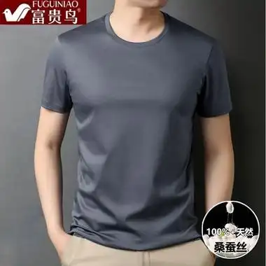 圆领短袖t恤男装中青年冰丝纯色上衣桑蚕丝半袖体恤衫富贵鸟夏季