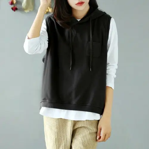 官方图6535棉鱼鳞 连帽马甲卫衣女宽松纯色t恤大码休闲百搭显瘦女