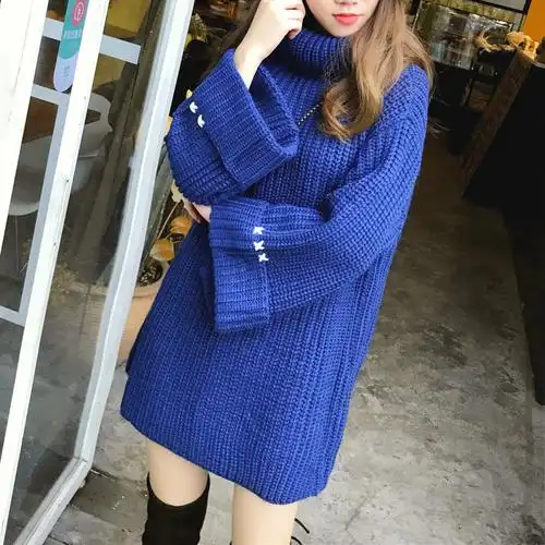 网红毛衣女秋季韩版慵懒风宽松外穿套头中长款高领粗棒针大毛衣冬